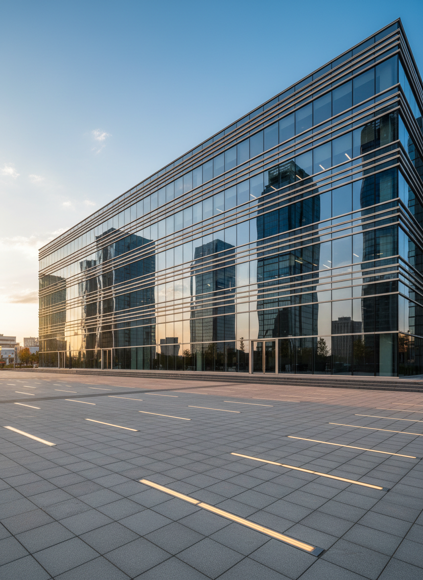 A sleek, contemporary glass-fronted office building representing a global import-export and real estate firm, its reflective façade capturing a clear blue sky and the geometric silhouettes of surrounding city towers. In front, an immaculate paved forecourt features clean concrete lines and subtle in-ground LED strips. Late afternoon golden light washes across the structure, creating soft highlights along metal mullions and gentle, elongated shadows on the plaza. Shot from a slightly low, wide-angle perspective to emphasize scale and stability, with crisp focus throughout. The mood is professional, confident, and forward-looking, in polished photographic realism, ideal as a hero image for a modern construction commerce and development brand.