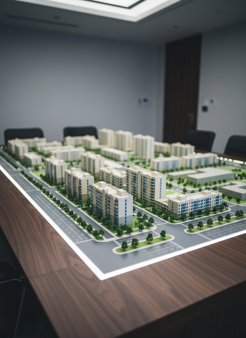 A polished architectural scale model of a mixed-use real estate project displayed on a dark walnut presentation table in a minimalist boardroom. The model features cream and light-gray building volumes, glassy blue window inlays, tiny landscaping elements, and precisely laid street grids with inset metallic accents suggesting infrastructure. Soft, indirect ceiling lighting and subtle LED strips within the table create gentle highlights along building edges and cast refined shadows across the model’s terrain. Shot from a slightly elevated three-quarter angle with moderate depth of field, the foreground structures are crisp while distant blocks gradually soften. The atmosphere is strategic, meticulous, and high-end, captured in clean, photographic realism suited to a professional property development brand.