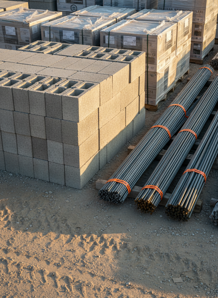A close-up, eye-level view of an impeccably organized construction site materials staging area for a real estate development, featuring neatly stacked concrete blocks, bundles of reinforcing steel bars tied with bright orange tags, and shrink-wrapped pallets of imported finishing materials. The ground is compacted gravel with faint tire tracks leading into the frame. Warm late-afternoon sunlight from the side creates distinct textures on concrete surfaces and a rhythmic pattern of shadows between steel rods. The composition uses rule-of-thirds with the materials leading the eye diagonally across the image, maintaining sharp focus and realistic color. The mood is disciplined, industrious, and trustworthy, emphasizing professional construction commerce operations in a highly realistic photographic style.