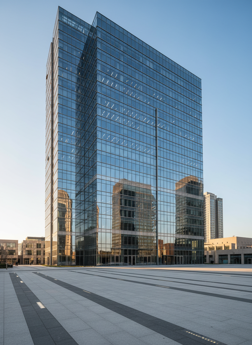 A sleek, contemporary glass-fronted office building representing a global import-export and real estate firm, its reflective façade capturing a clear blue sky and the geometric silhouettes of surrounding city towers. In front, an immaculate paved forecourt features clean concrete lines and subtle in-ground LED strips. Late afternoon golden light washes across the structure, creating soft highlights along metal mullions and gentle, elongated shadows on the plaza. Shot from a slightly low, wide-angle perspective to emphasize scale and stability, with crisp focus throughout. The mood is professional, confident, and forward-looking, in polished photographic realism, ideal as a hero image for a modern construction commerce and development brand.