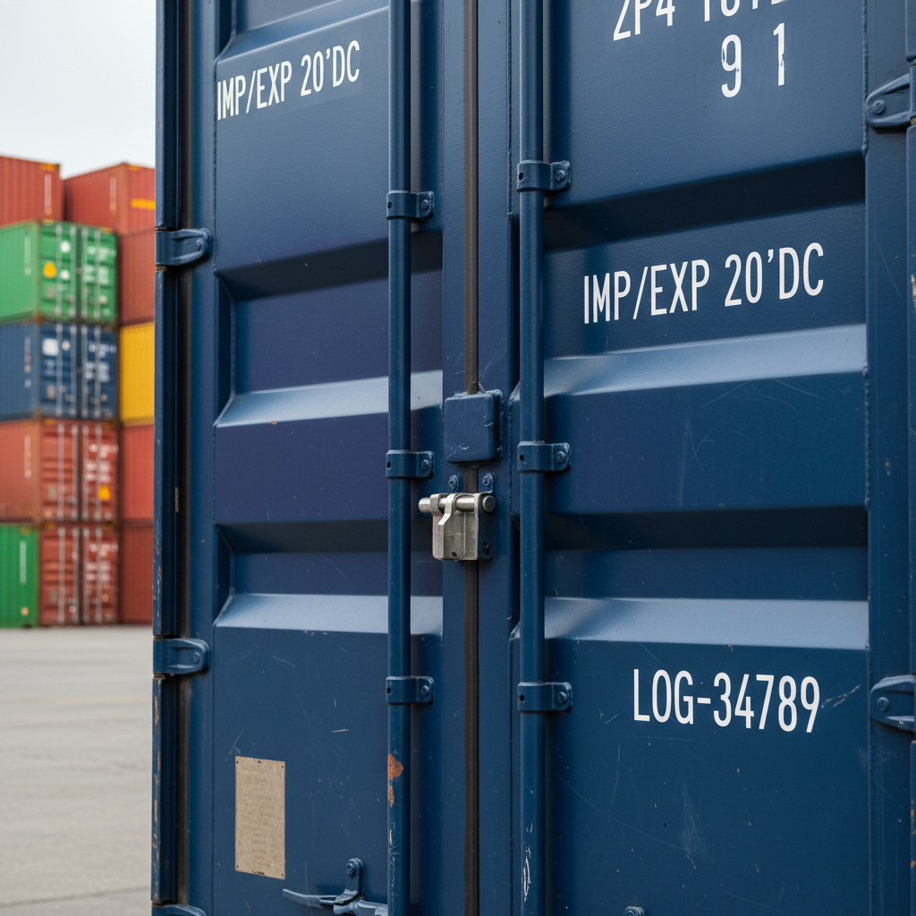 A detailed close-up of a glossy dark-blue shipping container door, its heavy steel locking bars, rivets, and precision-welded hinges sharply defined, symbolizing robust import and export logistics. Subtle wear marks and stenciled white codes add authenticity against the rich, uniform paint. The container stands within a vast, organized yard of stacked containers receding softly into the background. Overcast daylight creates diffused, shadow-free illumination, highlighting textures without harsh contrasts. Captured at eye level with a shallow depth of field, the foreground is tack-sharp while the distant stacks melt into a gentle bokeh. The atmosphere is efficient, orderly, and highly professional, rendered in clean, realistic photographic style for a commerce-focused business site.
