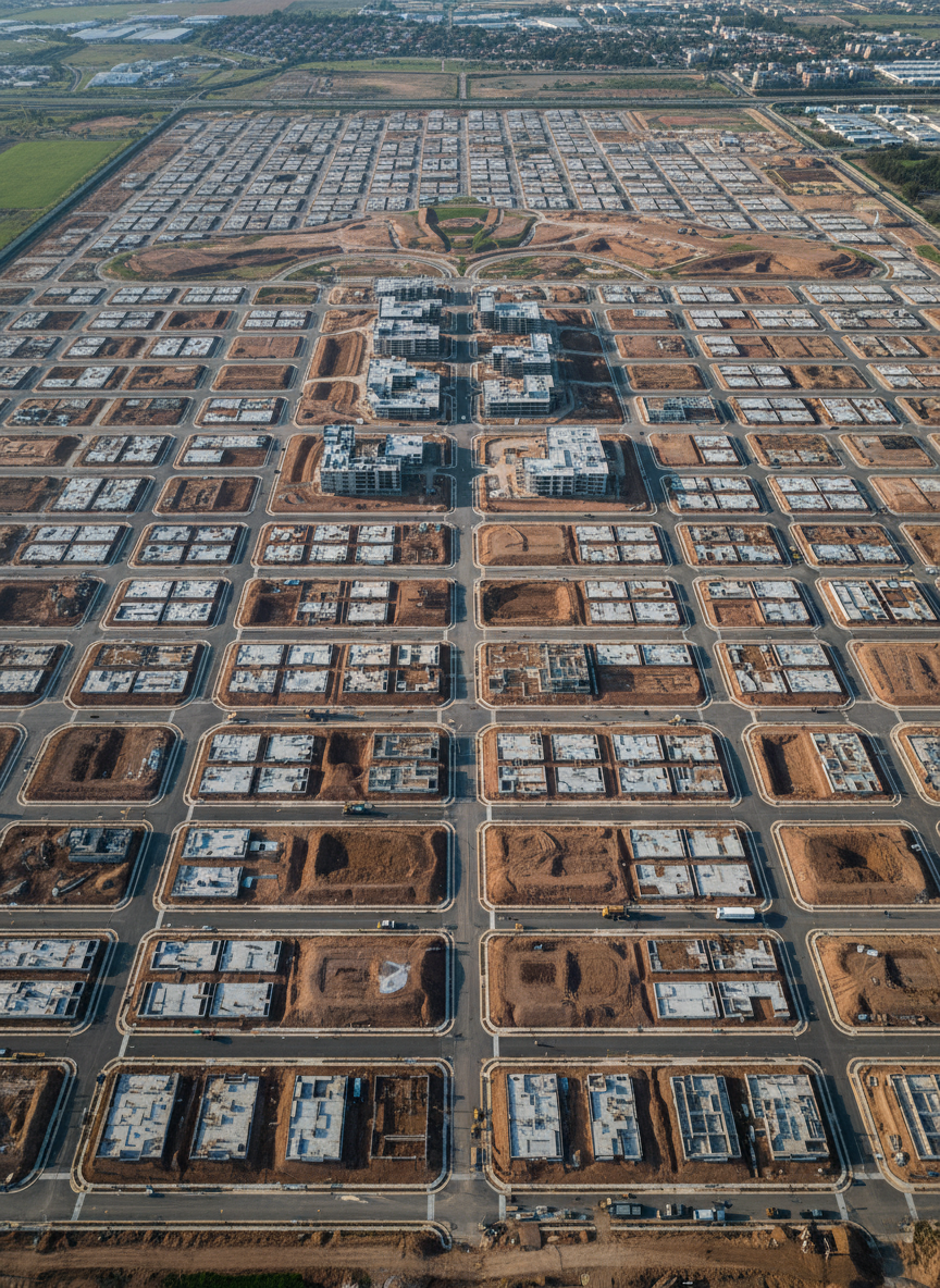 An expansive aerial view of a master-planned real estate development under construction, showcasing neatly gridded streets, partially completed concrete foundations, and rows of skeletal steel frames. Smooth earthworks form gentle contours around the site, with clearly demarcated zones for residential, commercial, and green spaces. Late morning sunlight from a high angle casts crisp, short shadows that emphasize structural geometry and site organization. The composition is wide and cinematic, with sharp focus across the entire frame to highlight the project’s scale and coordination. The mood is ambitious, organized, and data-driven, with photographic realism that conveys large-scale planning and professional property development expertise.